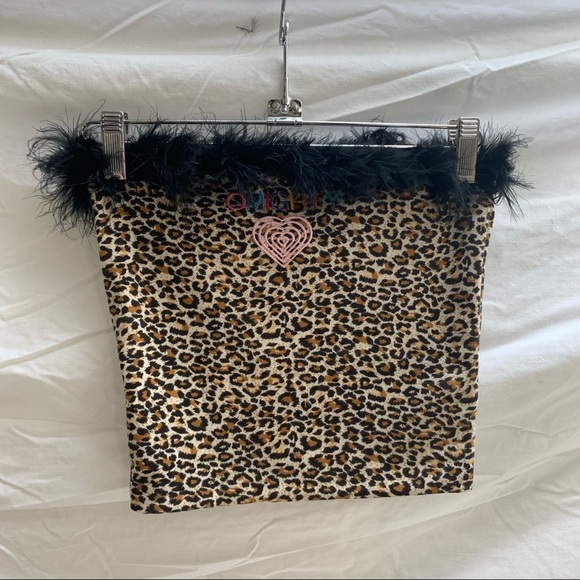 OMIGHTY Cheetah Print Feather Trim Tube Top - Picture 4 of 8